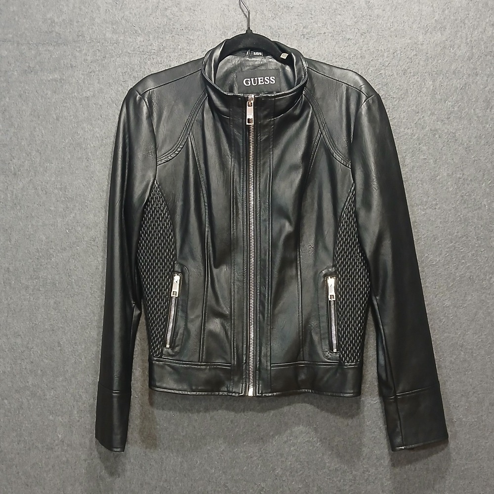 Guess XL Faux Leather Motorcycle Jacket Floral Lining Biker Chic Rocker Punk